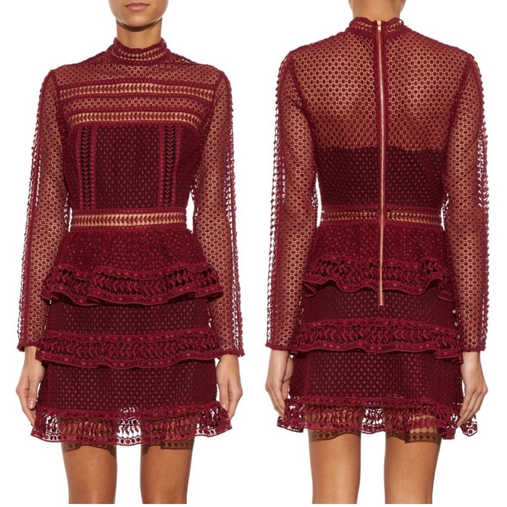 Self-Portrait Burgundy Long Sleeve Lace Dress - Picture 2 of 13